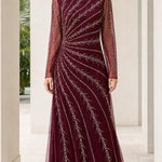 Long Sleeve Beaded Tulle Evening Maxi Gown