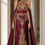 Halter Neck Embroidered Cape Evening Gown with Beaded Fringe