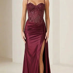 Sleeveless Beaded Corset Slit Formal Evening Dress