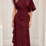 Embellished High-Neck Jacquard Maxi Dress with Flutter Sleeves and Cascade Ruffle