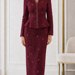 Elegant Embroidered Peplum Skirt Suit with Pearl Embellishment