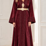 Elegant Embroidered Satin Kaftan Maxi Dress with Ornate Belt