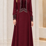 Velvet Trim Beaded Bodice Long Sleeve Maxi Dress