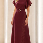 Elegant Lace-Trimmed Midi Dress with Belt