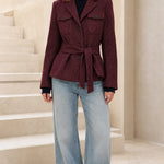 Women's Herringbone Belted Utility Blazer Jacket with Flap Pockets