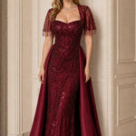 Sequin Beaded Evening Gown with Fringe Tassel Sleeves and Satin Overskirt Train