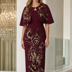 Sequined Floral Capelet Sheath Midi Dress