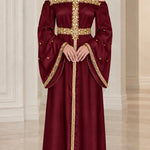 Embellished Off-Shoulder Halter Neck Satin Maxi Dress with Bell Sleeves