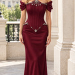 Off-the-Shoulder Rhinestone Corset Evening Gown