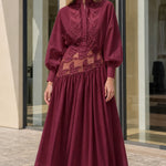 Embroidered Sheer Cutout Midi Shirt Dress with Lantern Sleeves