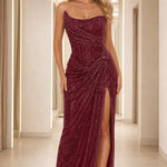 Strapless Shimmer Draped Evening Gown with Slit
