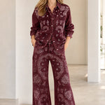 Vintage Paisley Print Denim Shirt and Wide-Leg Pants Set