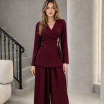 Women's Elegant Wrap Front Button Accent Blazer Top and Wide Leg Pants Two-Piece Set