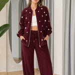 Women's Pearl Embellished Zip Bomber Jacket and Wide-Leg Pants 2-Piece Set