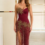 Strapless Corset Embellished Evening Gown with Sheer High-Slit Maxi Skirt