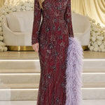 Embellished Long Sleeve Evening Gown with Feather Accents