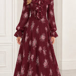 Floral Print Ruffled High-Neck Maxi Dress with Long Sleeves and Pearl Trim