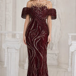 Sequined Off-Shoulder Illusion Mermaid Evening Gown