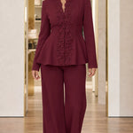 Floral Appliqué Peplum Blazer and Wide-Leg Pantsuit Set