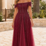 Off-Shoulder Sequin Fringe A-Line Evening Gown