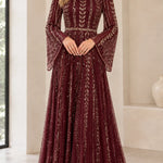 Sequined High-Neck Long Sleeve Evening Gown with Bell Sleeves