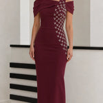 Asymmetrical Off-Shoulder Rhinestone Embellished Column Maxi Gown