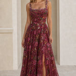 Floral Embroidered Sequin A-Line Evening Maxi Dress with Slit
