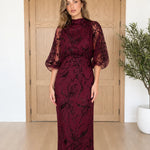 High Neck Embellished Mesh Maxi Dress with Sheer Balloon Sleeves