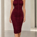 High Neck Metallic Collar Ruched Sleeveless Midi Dress