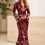 3D Floral Appliqué Lace Mermaid Evening Gown with Bell Sleeves
