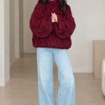 Women's Chunky Cable Knit Turtleneck Sweater Oversized Lantern Sleeve Pullover