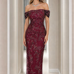 Off-the-Shoulder Floral Embroidered Beaded Maxi Evening Gown