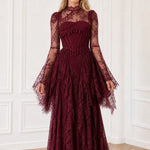 Long Sleeve Lace Corset Maxi Dress with Tassel Fringe and Cutout Back