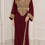 Women's Elegant Gold Embroidered V-Neck Kaftan Maxi Dress