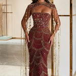 Sequined Beaded Mermaid Evening Gown with Beaded Fringe Capelet