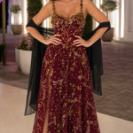 Sequined Botanical Embroidered Sleeveless Evening Gown with High Slit