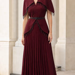 Elegant Beaded Capelet Pleated Maxi Evening Dress