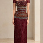 Off-the-Shoulder Beaded Fringe Column Evening Gown
