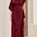 Floral Jacquard Asymmetrical Maxi Dress with Embellished Neckline