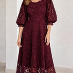 Floral Lace Puff Sleeve Scalloped Neck A-Line Midi Dress