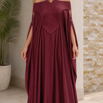 Off-the-Shoulder Pleated Yoke Kaftan Maxi Dress with Slit Cape Sleeves