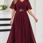 Elegant V-Neck Flutter Sleeve Chiffon Maxi Evening Dress with Embellished Waist