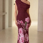 Floral Shimmer Asymmetrical Cowl Neck Evening Maxi Dress