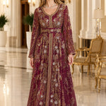 Metallic Floral Embroidered Long Sleeve Kaftan Maxi Dress with Belt