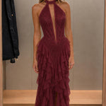 Elegance Halter Neck Beaded Ruffle Maxi Dress