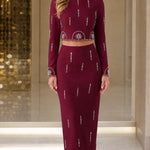 Rhinestone Embellished Long Sleeve Crop Top and Midi Skirt Two-Piece Set