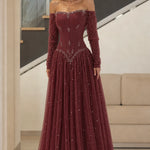 Off-the-Shoulder Pearl Beaded Basque Waist Corset Evening Gown