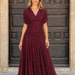 Elegant V-Neck Ruched Midi Dress with Pleated Skirt