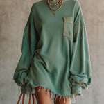 24-Hour-Shipping Green Denim Oversized Pocket Frayed Hem Mini Dress