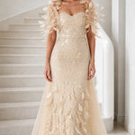 Feather Applique Sequin Embroidered Evening Gown with Tulle Overskirt